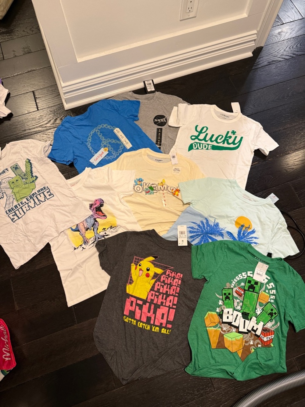 Kids Graphic Tee Lot Featuring Gray Pikachu & Green Minecraft Shirts